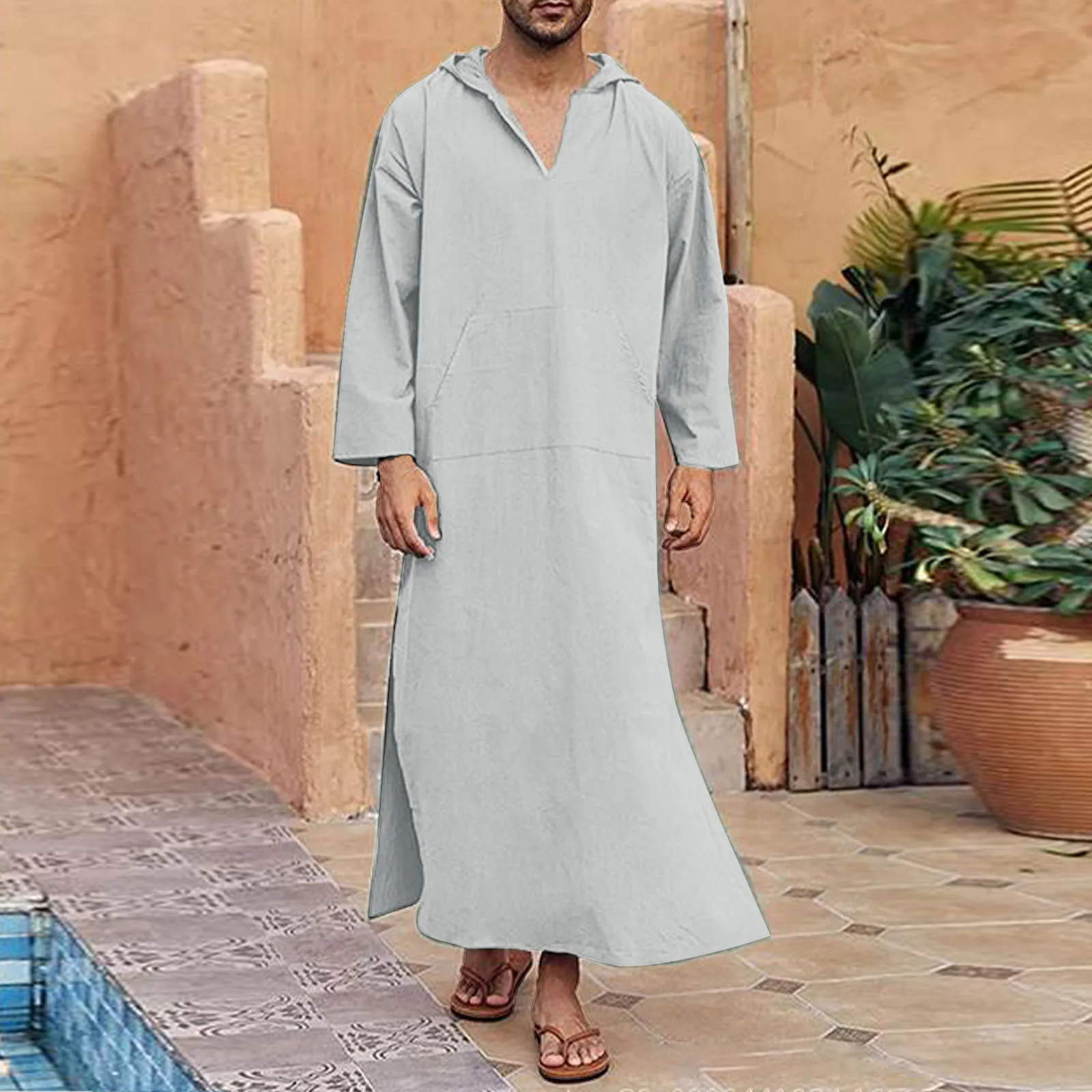 Islamico tradizionale Jubba Thobe uomini Abaya lino abiti musulmani Dubai arabo caftano abbigliamento Qamis Homme arabo turco abito Hijab vestito