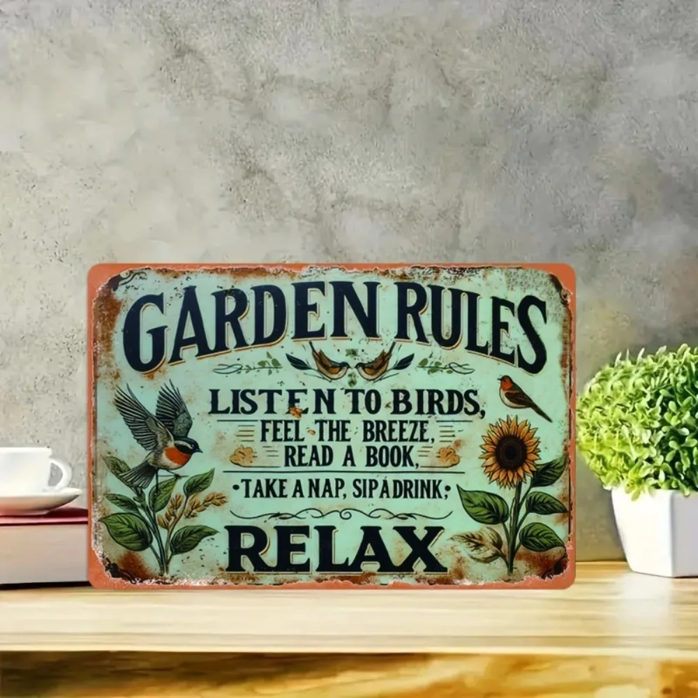 Rustic Aluminum Garden Wall Plaque, Vintage Garden Rules Inspirational Quote, BWall Decor for Home Garden Outdoor Spaces
