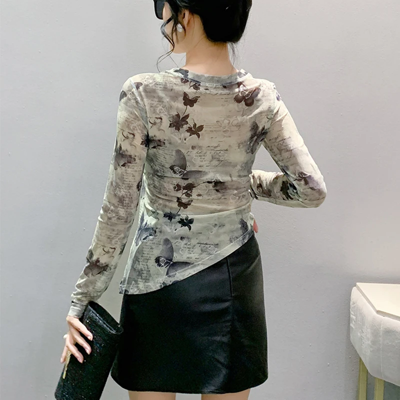 Black Korean Style Fall Winter Irregular Print Butterfly With Necklace Women's Tops Long Sleeve Casual Slim Tees 2024 New 482002