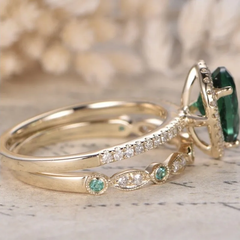 European and American fashionable and atmospheric water droplet zircon inlaid women\'s two-piece emerald ring set