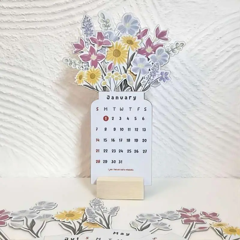 2024 Bloomy Flowers Desk Calendar Creative Floral Desk Calendar Pretty Floral Desk Decor Series Wooden Calendar