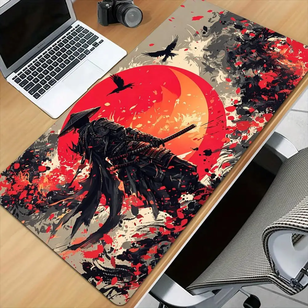 Giant Red Sun and Samurai Mouse Pad Desk Mat with Stitched Edge XXL Mousepads Rubber Anti-slip Gamer Keyboard Rug Gaming Mats