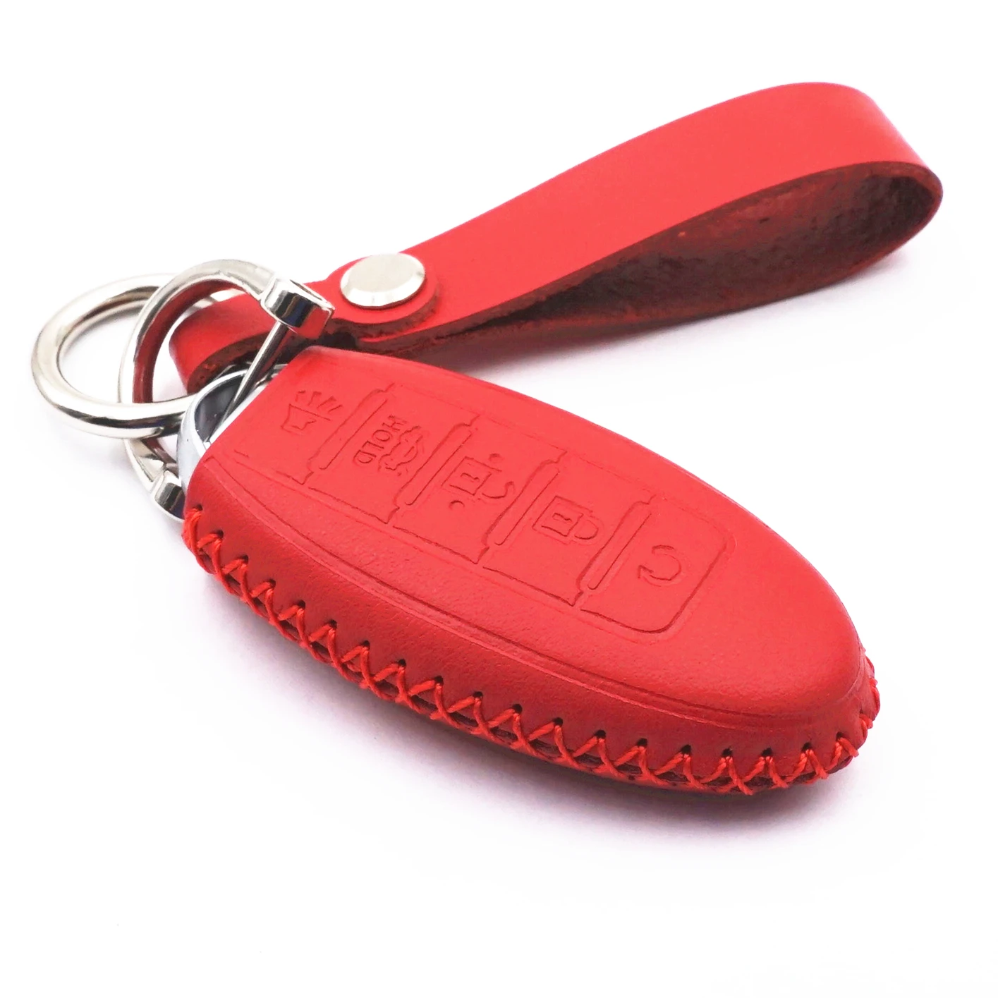 WFMJ Red Leather for Nissan Versa Sentra Altima Maxima Infiniti Q50 Q60 QX50 QX60 QX80 5 Buttons Key Fob Cover (Red stitch)