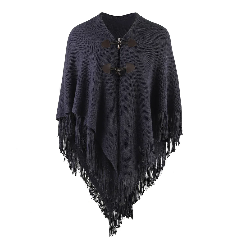 Fashion Women Poncho Tassel Woman Pashmina Horn Buttons Shawls Scarf Female Loose Ponchos Wrap Wool Cape Women Shawls