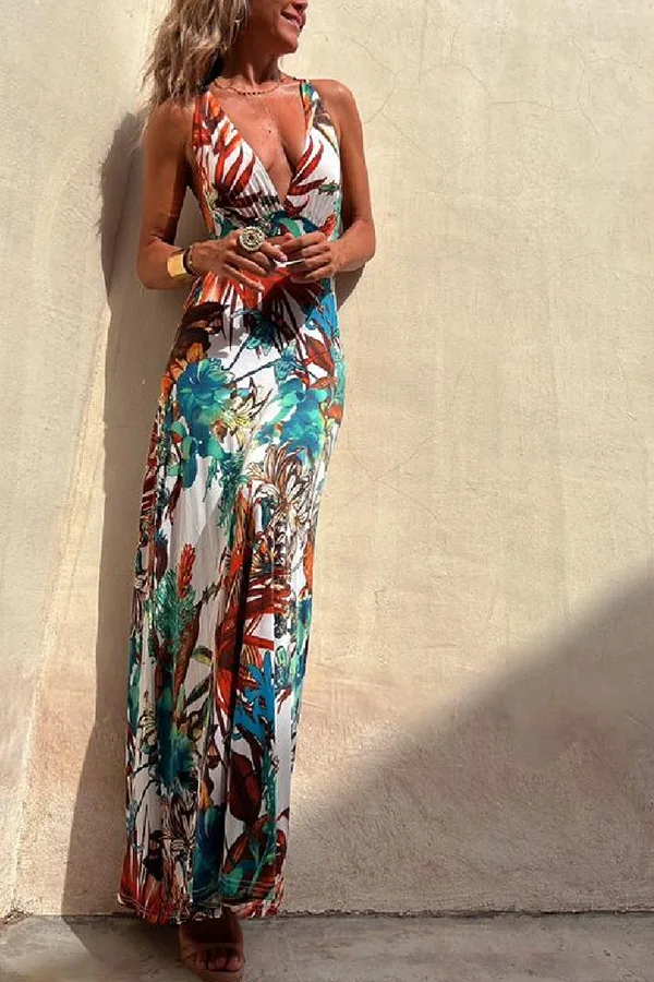 Sexy Party Long Dresses For Women Printed Deep V-neck Backless Sleeveless Bodycon dress Summer New Bohemian Beach Style Vestidos