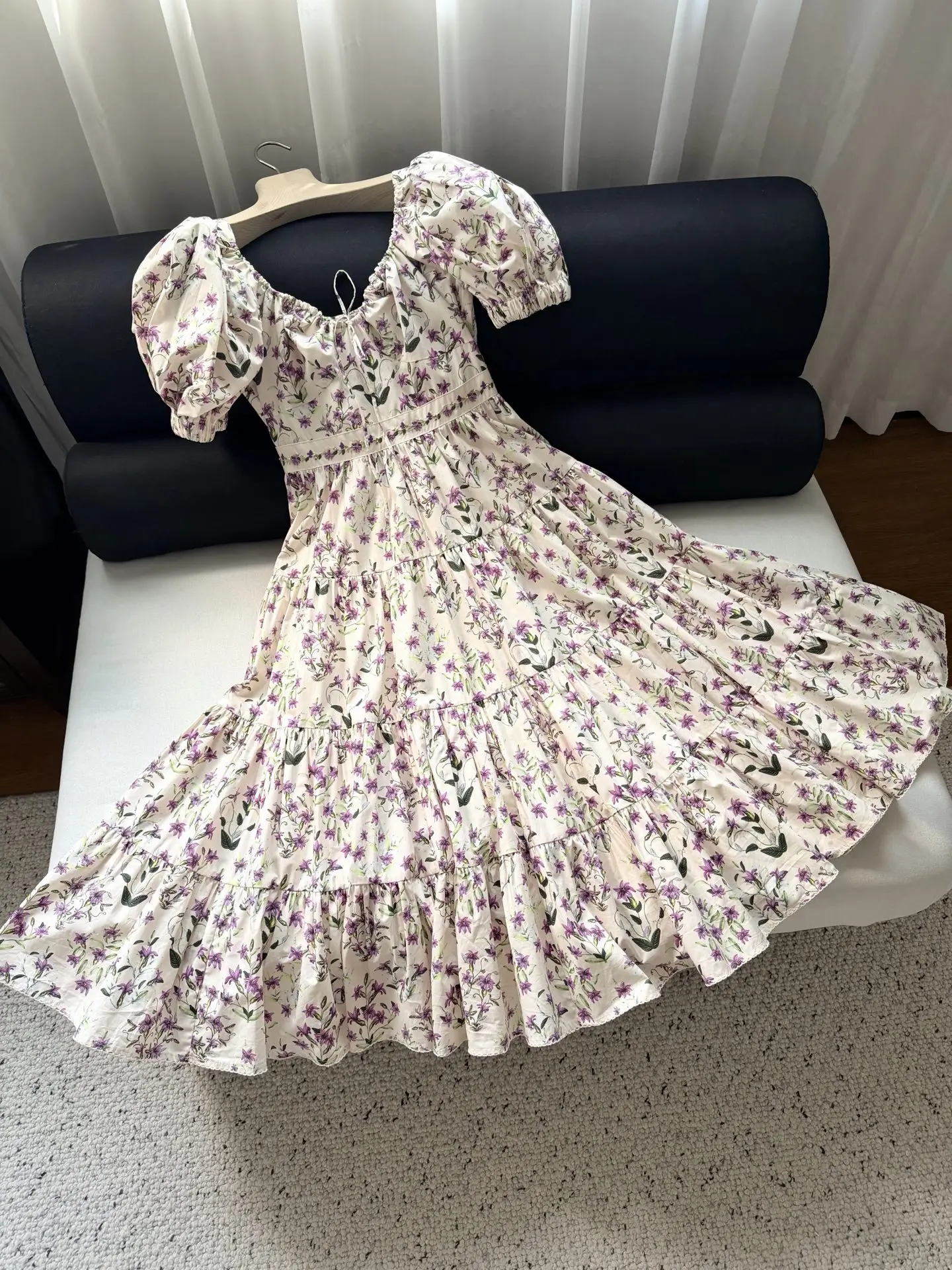 Women 100% Cotton Flower Print Puff Short Sleeve Waist Embroidery Flower and Beaded Side Pocket Multi-Layered Hem Long Dress