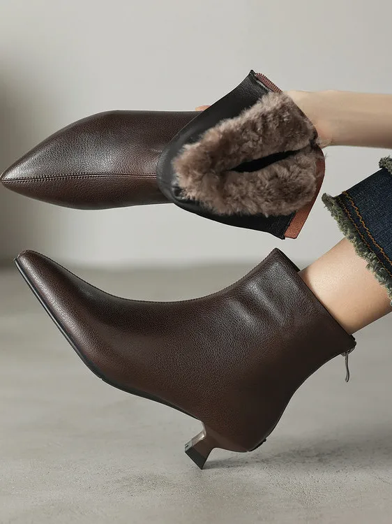 

Мягкие зимние ботинки из овчины для женщин, утепленные бархатом и хлопком, на тонком низком каблуке, остроносые, для снега