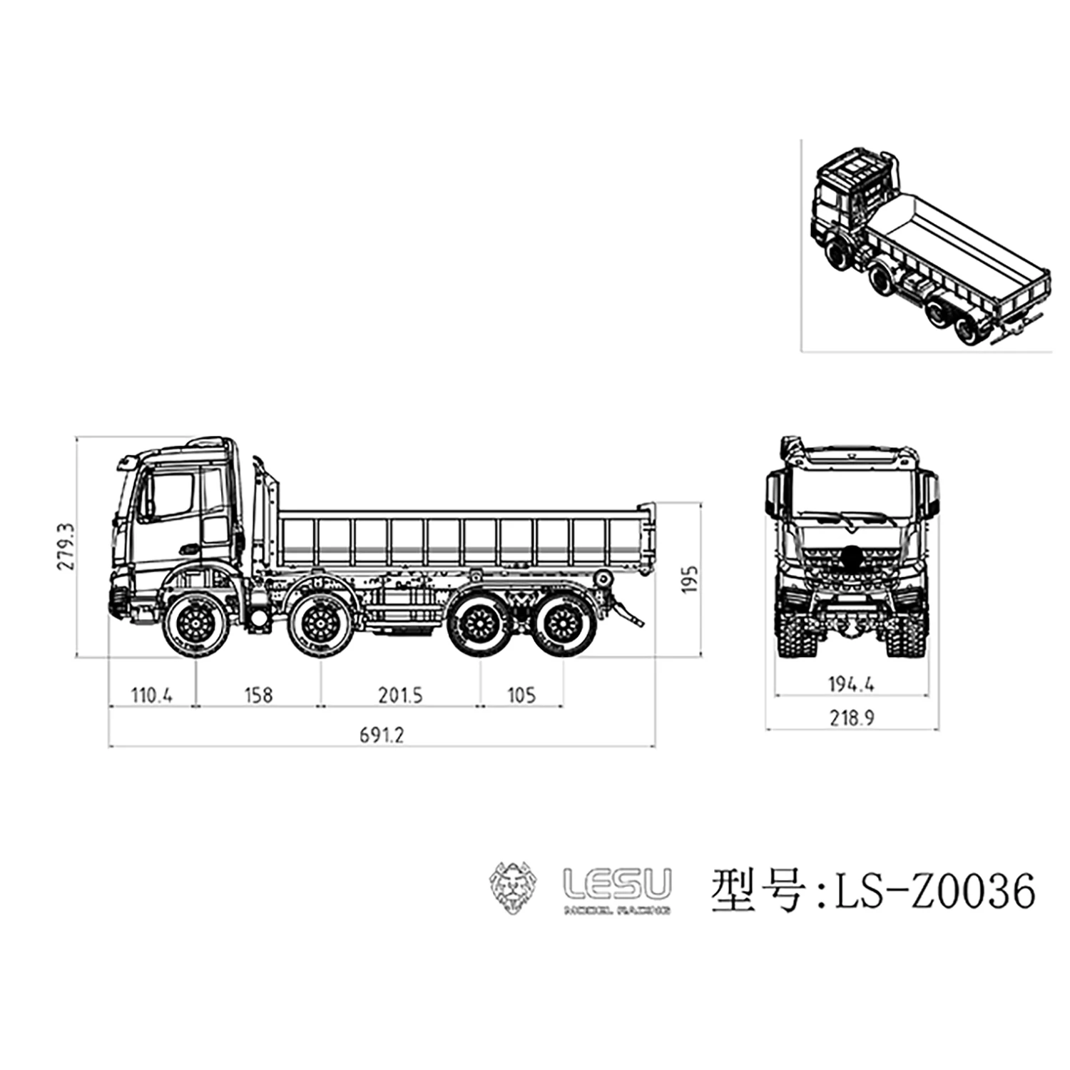 

Радиоуправляемый гидравлический самосвал LESU 8x8 1/14 (модель TH20429) для Tamiya, окрашенный, в сборе, со светом и звуком