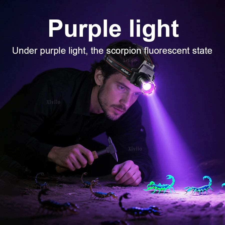 5000000LM Super Powerful LED Headlamp White/Purple Light Rechargeable Headlight 18650 Head Flashlight Waterproof Fishing Lantern