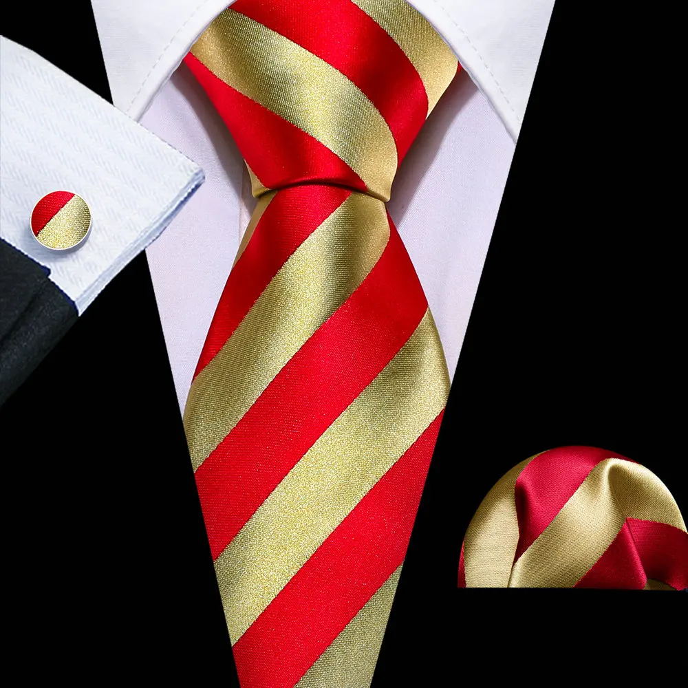 Fashion Stripe Men Tie Silk Red Gold Handkerchief Cufflink Set Exquisite Neckties Groom Wedding Gift Designer Barry.Wang 6362