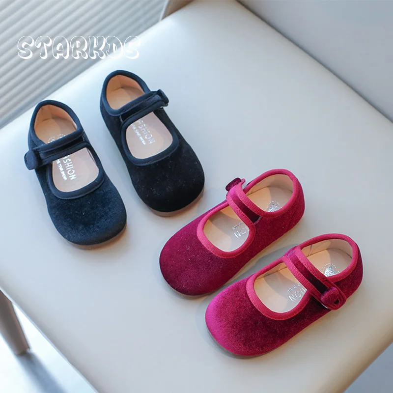 

Rose Pink Velvet Shoes Girls Vintage Black Velour Ballet Flats Baby Kids Spring Autumn New Soft Mary Jane Dress Shoes