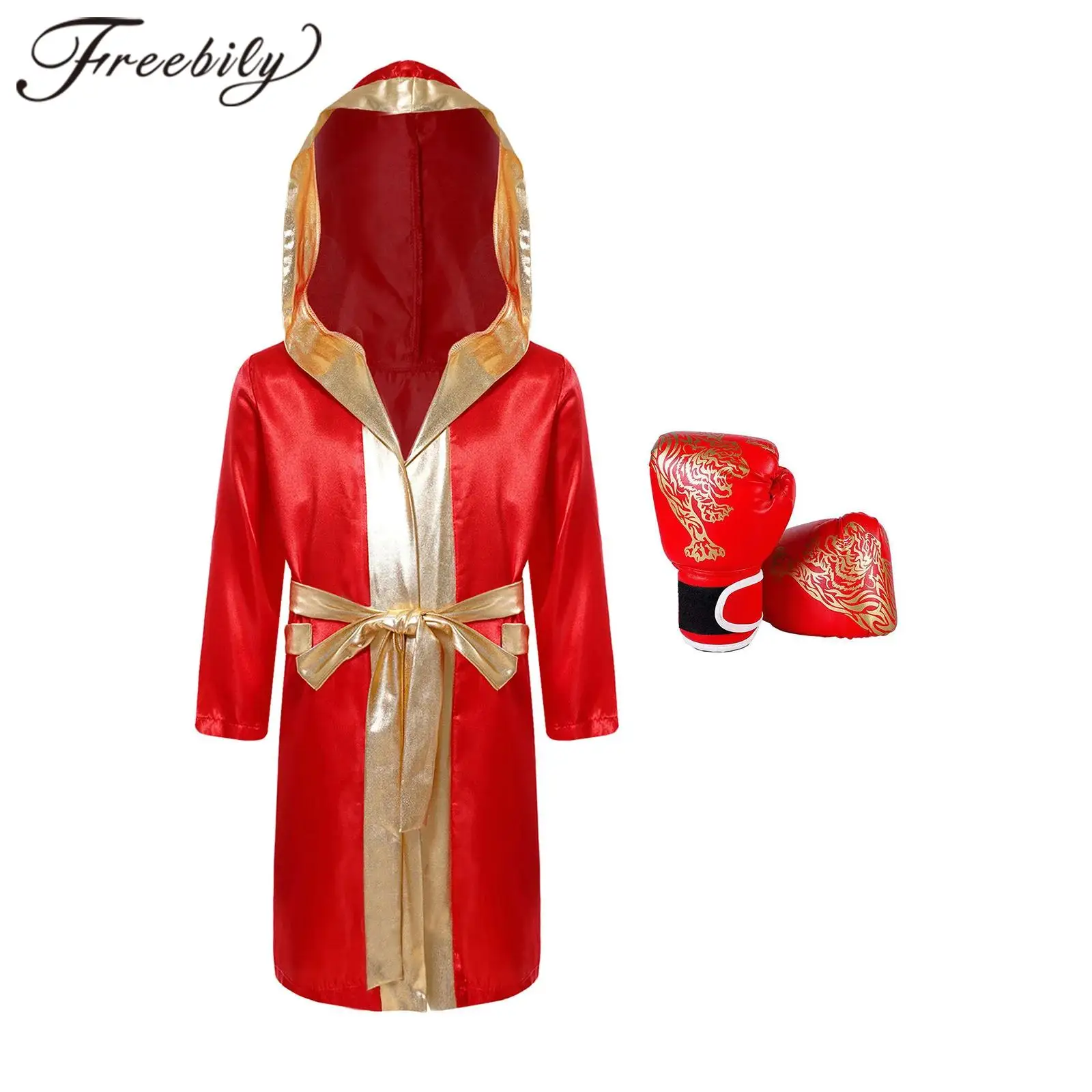 Boy's Boxing Robes Kids Muay Thai Sanda Hooded Robe with Gloves Teens Bjj Boxer Gloves Set Children Training Costume Outfit