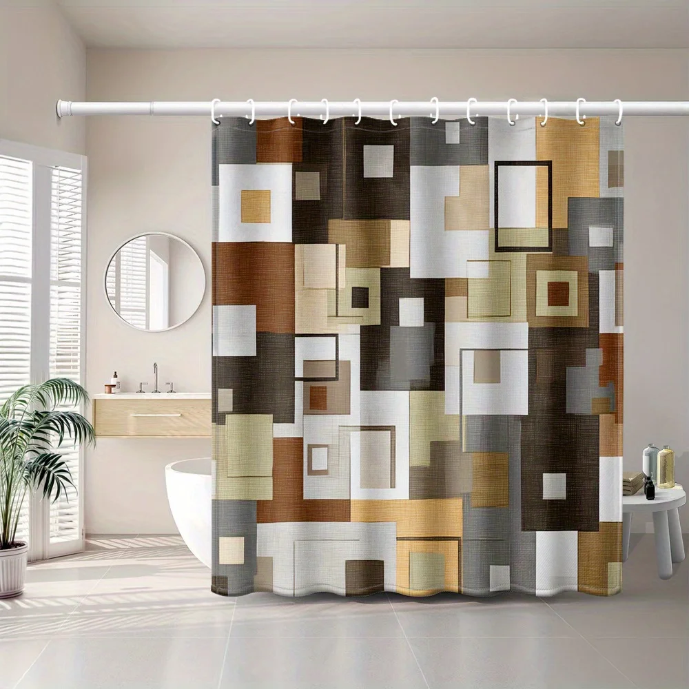 1pc Modern Geometric Color Block Shower Curtain - Artistic Polyester Bathroom Decor with Hooks, Machine Washable, Brown/Beige/Wh