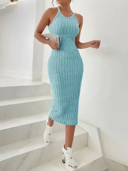 

New Solid Halter Neck Bodycon Midi Dress High-end Temperament Vest Halter Dress Women High-waist Slim Female Vestidos