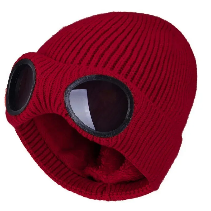 Unisex Goggle Knitted Beanie Hat Windproof Warm Winter Skull Cap Plush for warmth and comfort Sports hat pilot hat