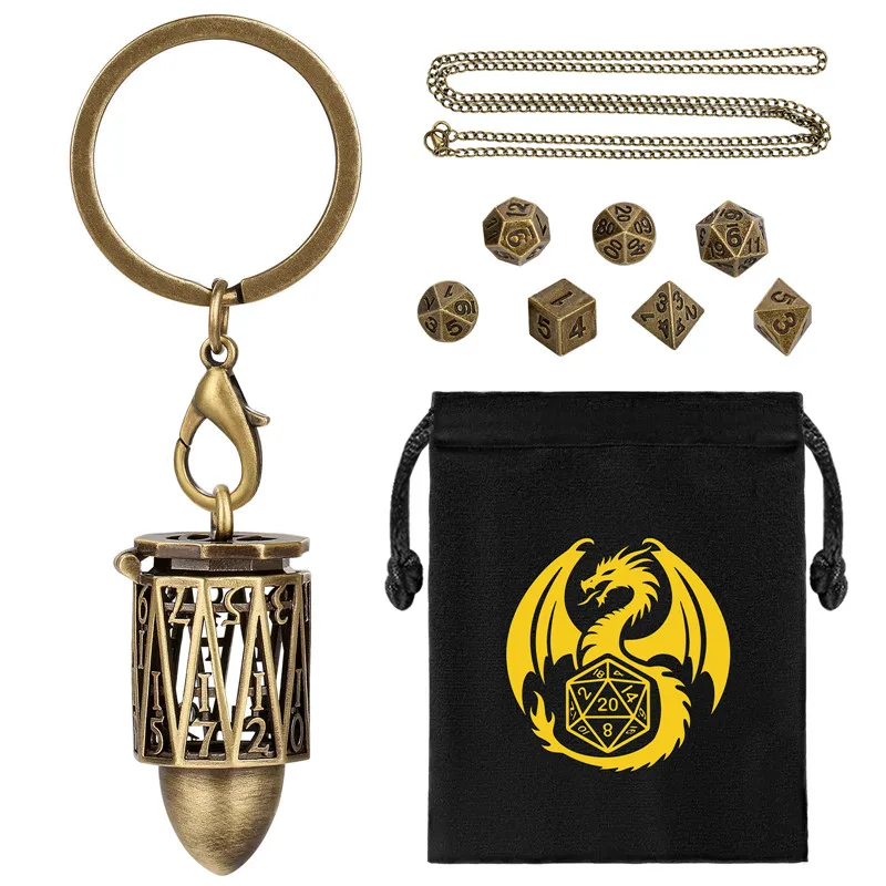 

Portable Key Ring Necklace Chain Hollow D20 Metal Cage with 7pcs/set Tiny Metal Polyhedral Dice Role Play Game Accessory
