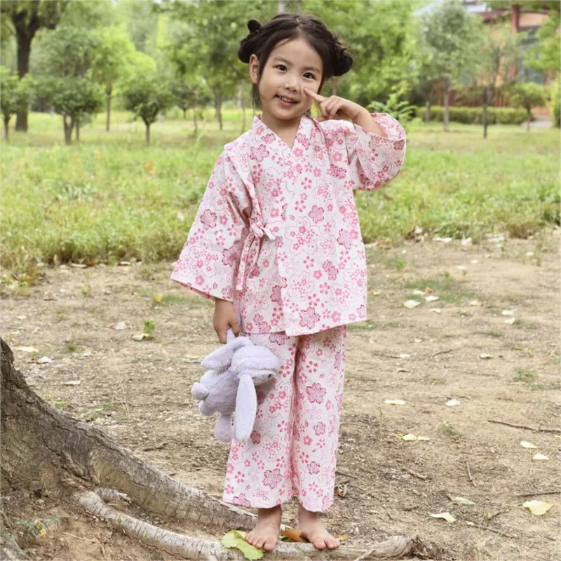 2025 Creative Cotton Japanese Kids Yukata Girl Kimono Top Pants 2-Piece Set Children's Long Sleeve Pyjama Pink Sleepwear LI128