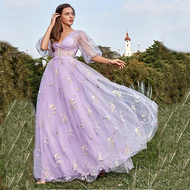 

Boho V-neck Flowers Long Sleeves Prom Dress Evening Dresses Gowns Vestido De Noiva