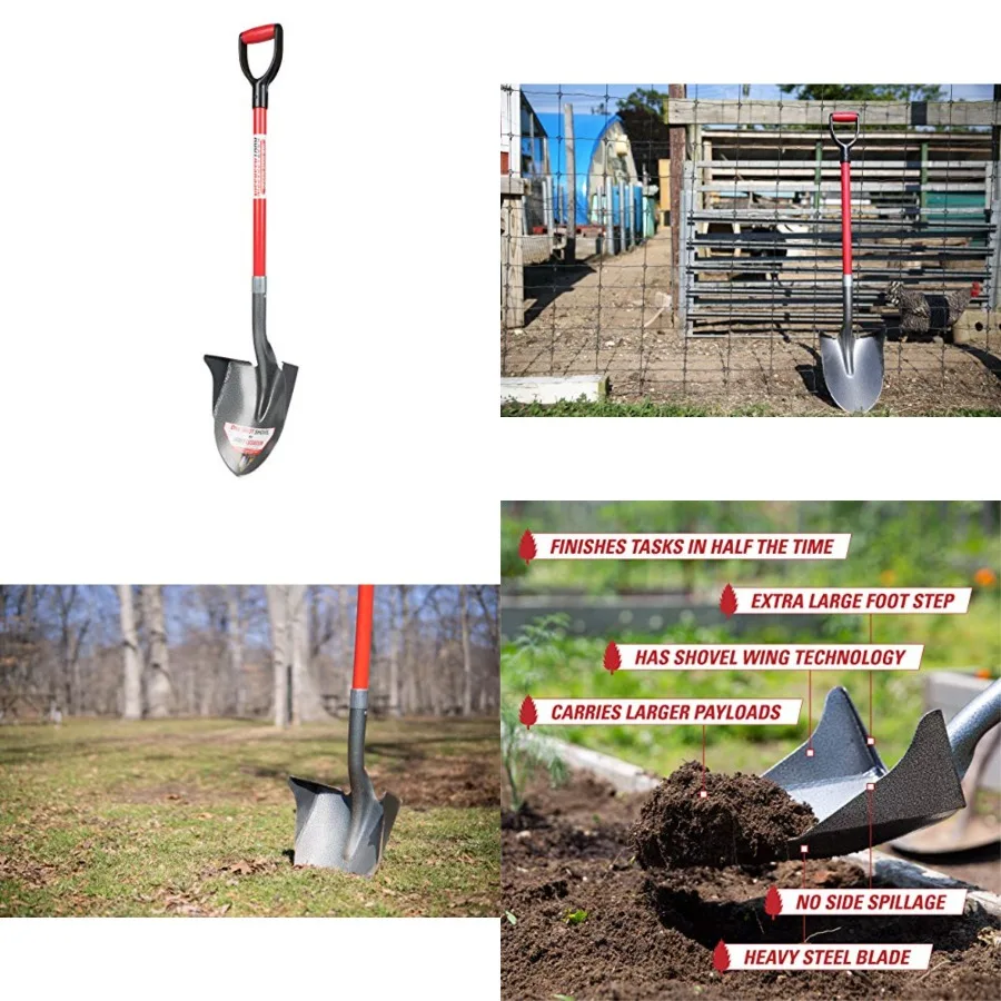 

One Shot Garden Shovel 43" D-Handle - Holds More Than the Average Shovel, Back Wings Keep Dirt from Spilling Off the Back, Best