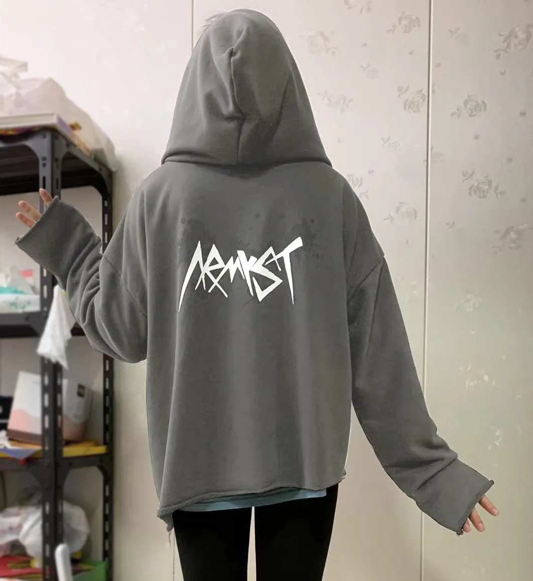 Kpop JI/MIN SU/GA 13 Love Youself Armyst Vintage Denim Y2K Solid Color Long Sleeved Cotton Hooded Y2K Oversize Top Women Man