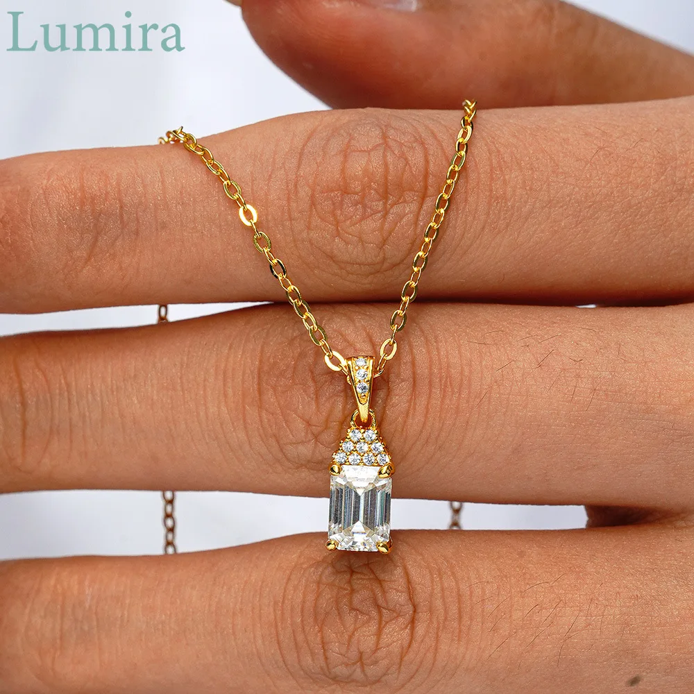 

Lumira Women's 18K Gold Full Set with Moissanite Necklace Rectangular Emerald-Cut 1 Carat Diamond Pendant Party Charm Jewelry