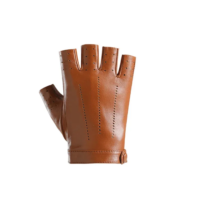 ربيع المرأة نصف اصبع قفازات جلد الغنم الحقيقي في الهواء الطلق ركوب الدراجات القيادة دراجة نارية رقيقة قفازات أصابع القفازات