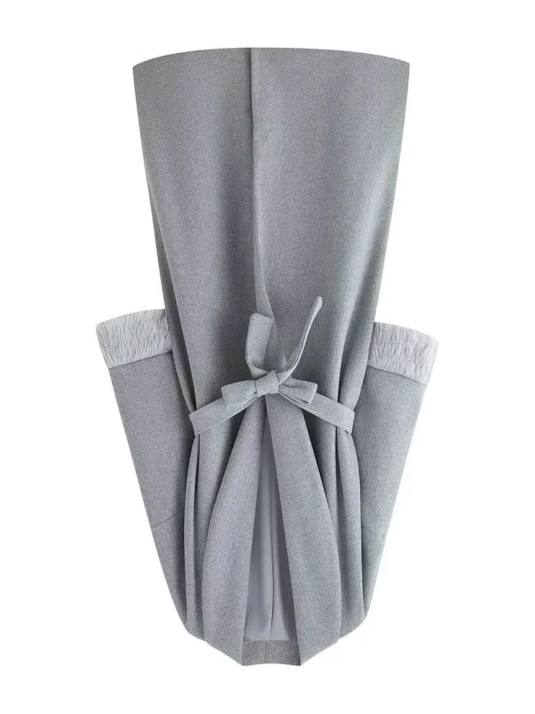 

HH Woman Fashion Long Sleeves Lace-up Belt Decoration Solid Long Coat Female Winter Commuting Pockets Furry Cuffs Loose Coat