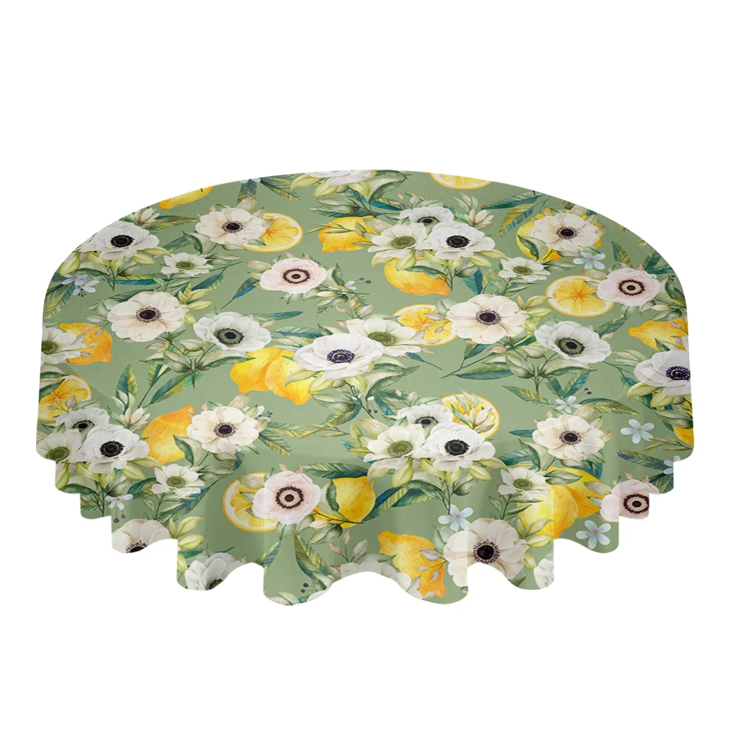 Fruit Lemon Camellia Flower Green Round Tablecloth Waterproof Table Cover Home Kitchen Table Cloth Dining Table Decoration