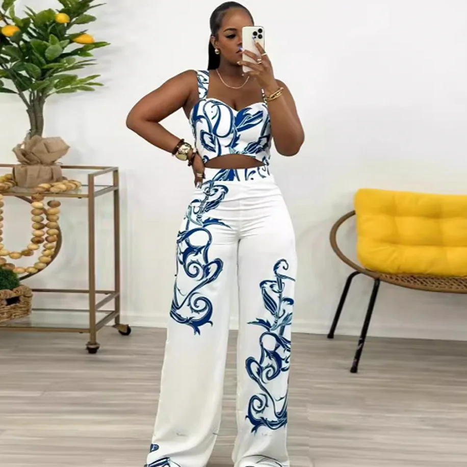 2 Piece Women Sets 2024 New Arrival Summer Matching Sets Print Two Pieces Sets Sleeveless Top And Pants Suits Outfits Clothing