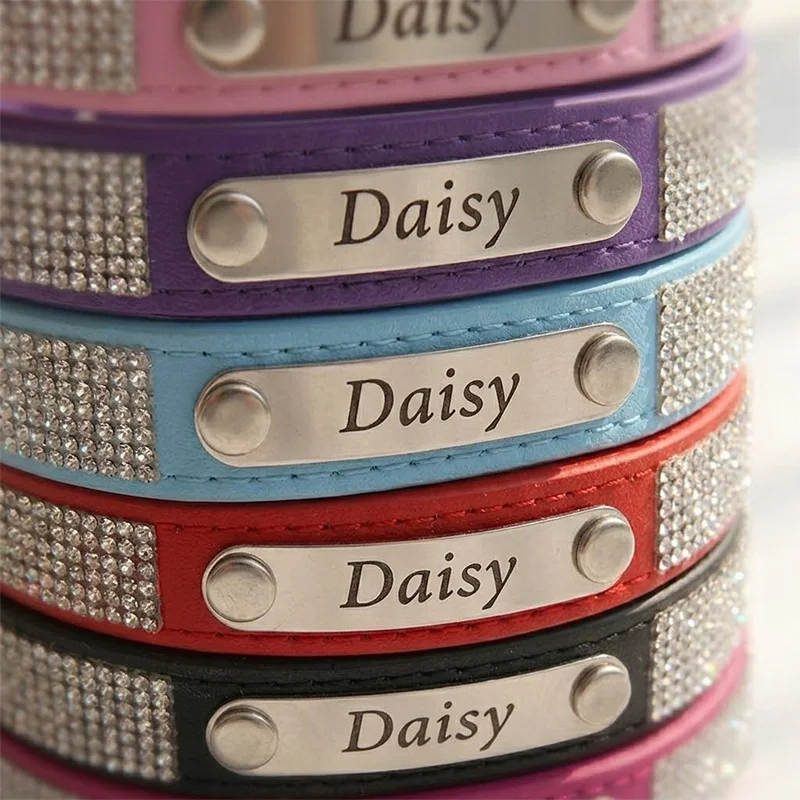 Customized Dog Name And Phone Number Pet Collar Anti-Lost Cat Collar Rhinestone Faux Leather Pet ID Tag for Corgi French Bulldog