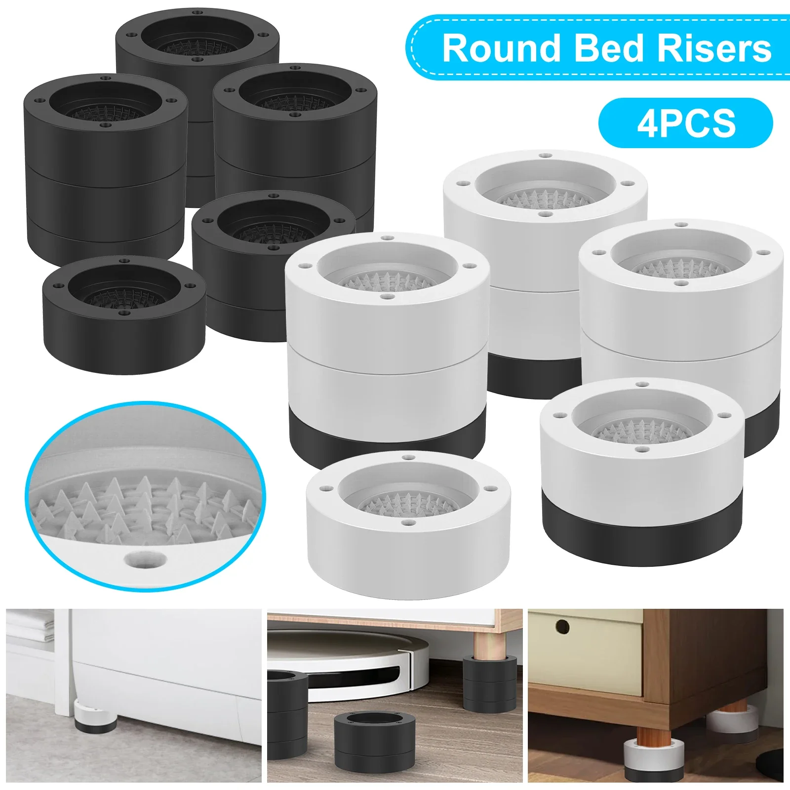 

4Pcs Round Furniture Riser Heavy Duty Bed Chair Riser Support 1300lb Anti-Slip Washing Machine Desk Couch Bottom Leg Raiser