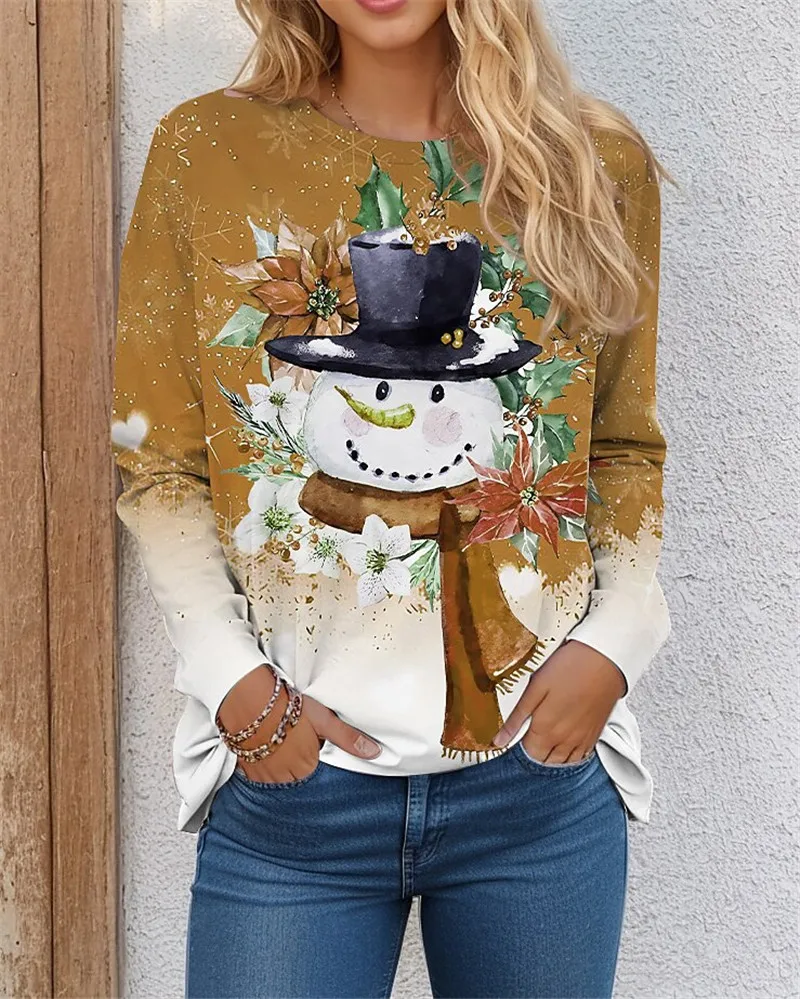 Kerst Sneeuwpop Patroon Vrouwen Mode T-Shirts Herfst Winter Lange Mouw 3d Geprint Street Tie-Dye Kerst Tops 3xl Grote Maat