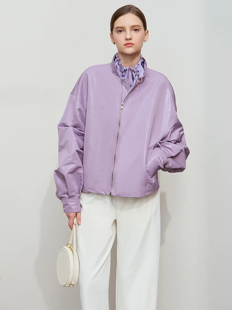 Amii Minimalist Spring Silky Glossy Casual Loose Double Neck Fake Two Piece Shoulder Long Sleeve Zipper Short Jacket 12541059
