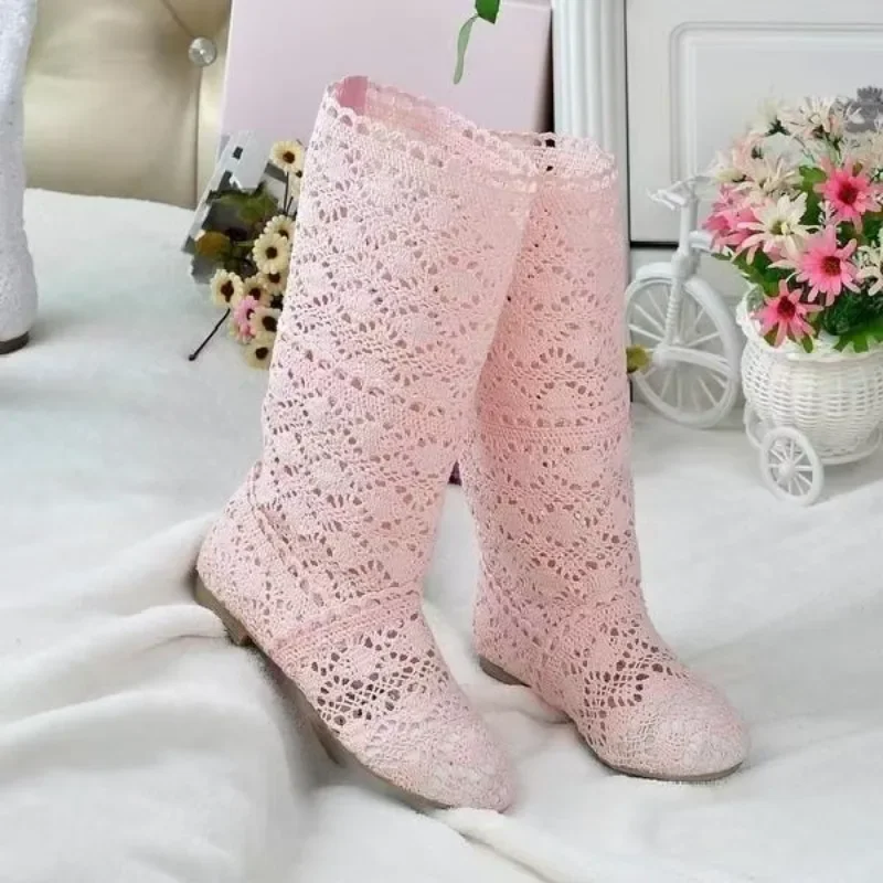 High Quality 2024 Hollow Boots Shoes Breathable Knit Line Mesh Boots Summer Women Boots Knee High Womens Shoes 35-41