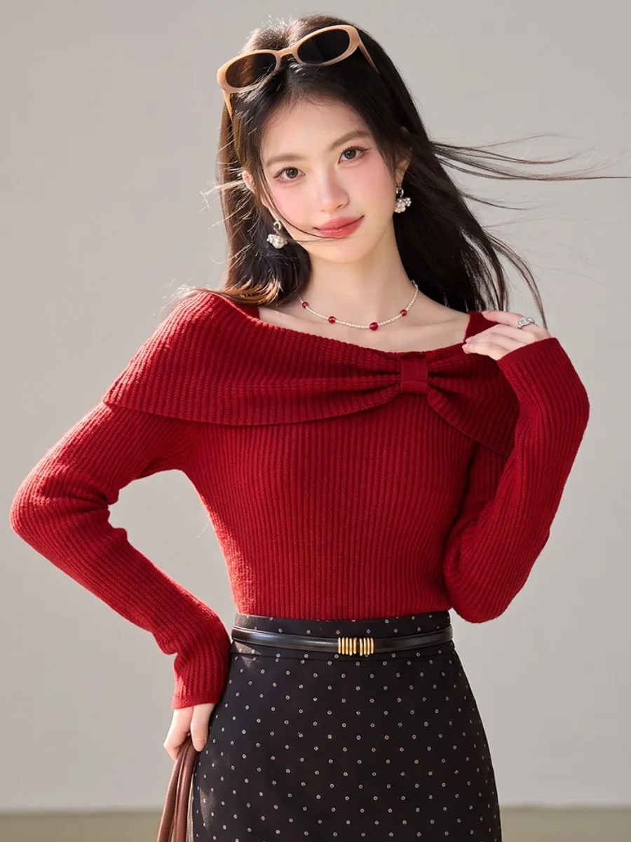 Elegant Red Knitted Sweater Shoulder Bared Women's Fitted Base Shirt Soft Knit Long Sleeve  Knot Casual Fashion
