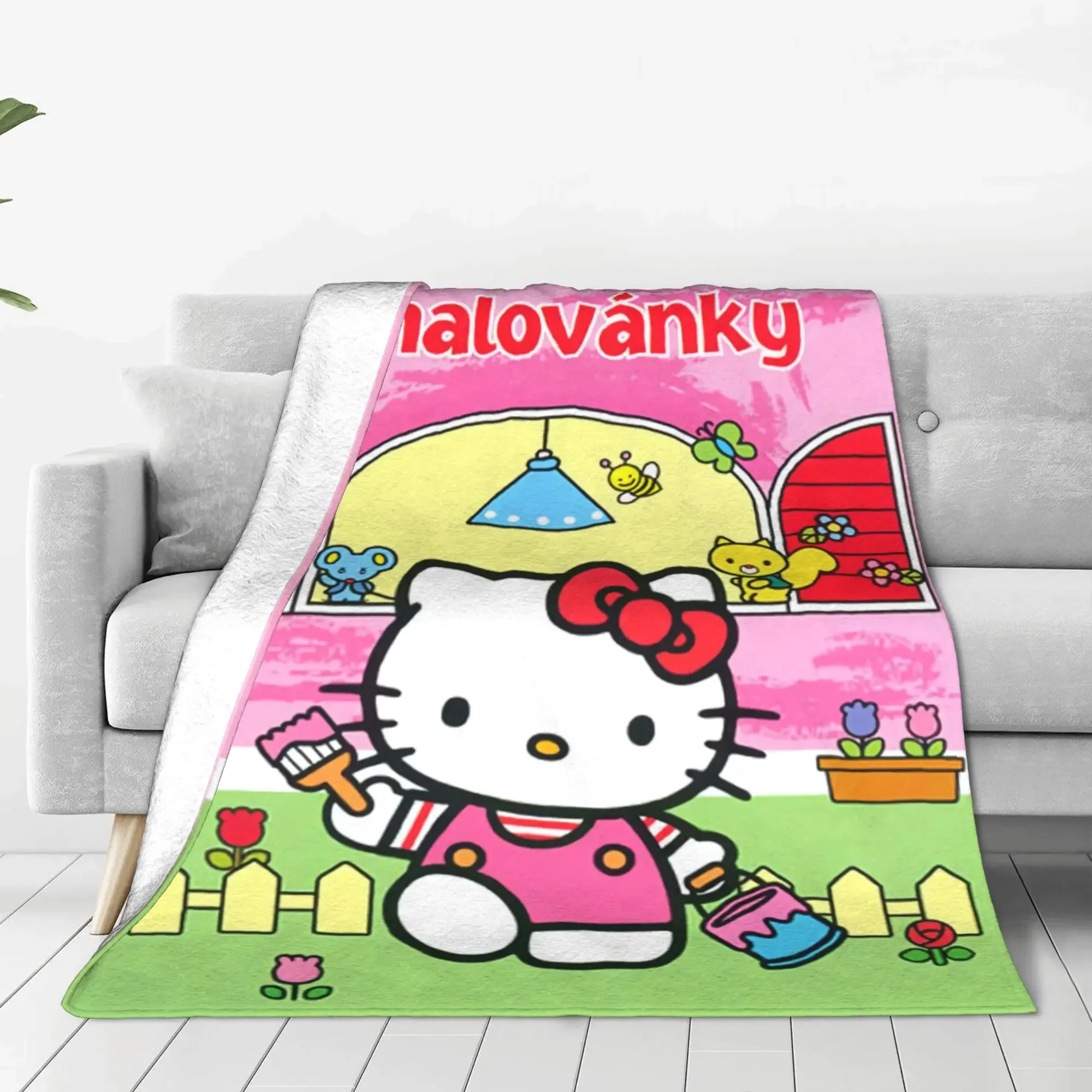Warm Cozy Throw Blanket Hello Kitty Cartoon Flannel Bedspread Aesthetic Sofa Bed Cover Perfect for Home Travel