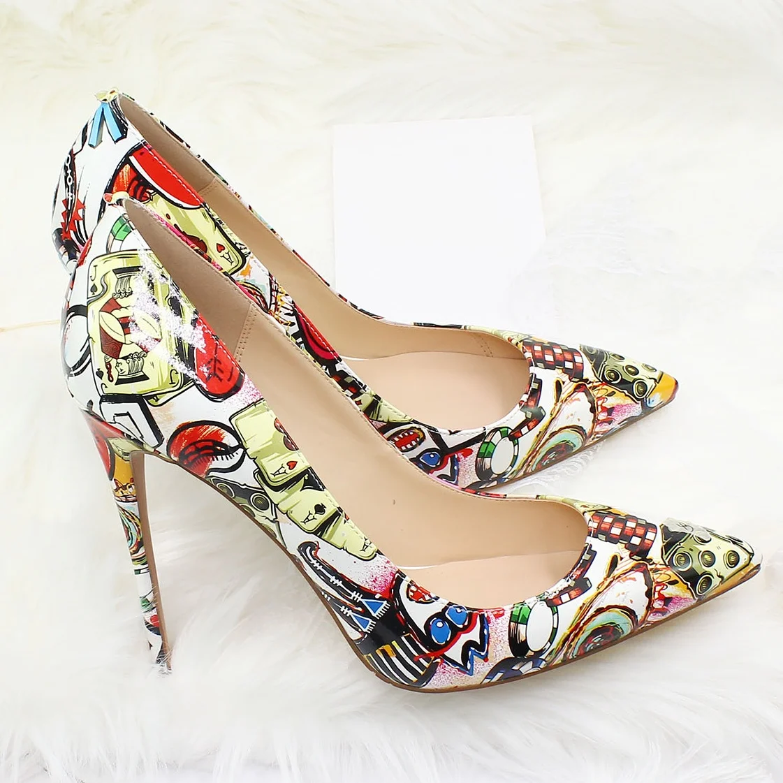 Plus Size New Ladies Autumn Sexy Stilettos Pumps Shallow 12cm/10cm/8.5cm Thin High Heels Cartoon Print office Pointed Toe Shoes