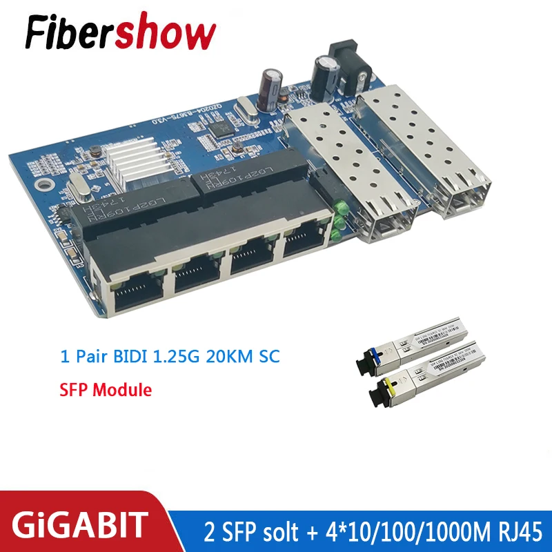 Gigabit Ethernet switch Fiber Optical Media Converter 4 RJ45 2 SFP 10/100/1000M UTP fiber Port Board PCBA 2F4E