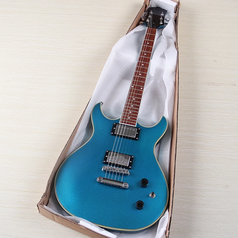 جيتار كهربائي أزرق مكون من 6 أوتار جيتار للسفر مقاس 39 بوصة من خشب الزيزفون جيتار كهربائي عالي اللمعان أزرق معدني أحمر