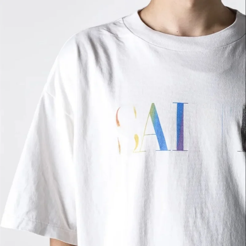 

Saint of Michael Summer Rainbow Letter round Ne Loose ort Sve T-irt Faionable Cotton Tee for Men And Women