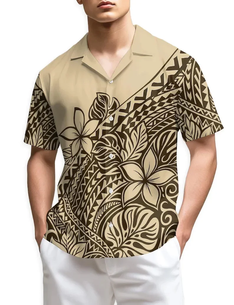 Print Beach Shirts Men's Beige Black  Short Sleeve Button Up Hawaiian Shirt