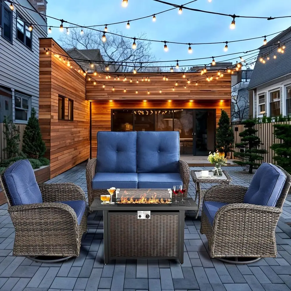 

Комплект садовой мебели из 5 предметов с очагом для костра, плетеным креслом-качалкой и вращающимися креслами-качалками для патио, террасы или зоны у бассейна