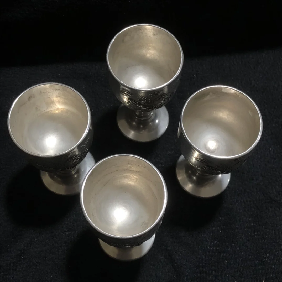 

Китайский чистый медный посеребренный двойной кубок дракона, набор из четырех предметов украшения дома