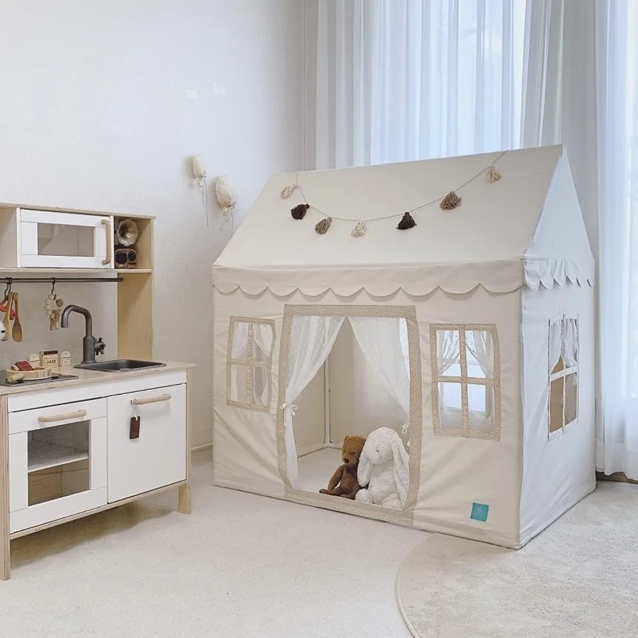 Tente de maison de jeu pour enfants avec tissu 100 % coton et 5 fenêtres - Tente de jeu de qualité supérieure faite à la main pour intérieur et extérieur - Légère et