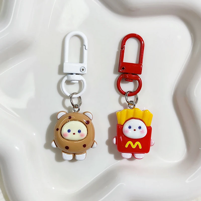 Charm Kawaii Pendant Cute Resin Cartoon Snack French Fries Small Round Face Keychain For Women Girls Kids Car Bag Lovely Gift