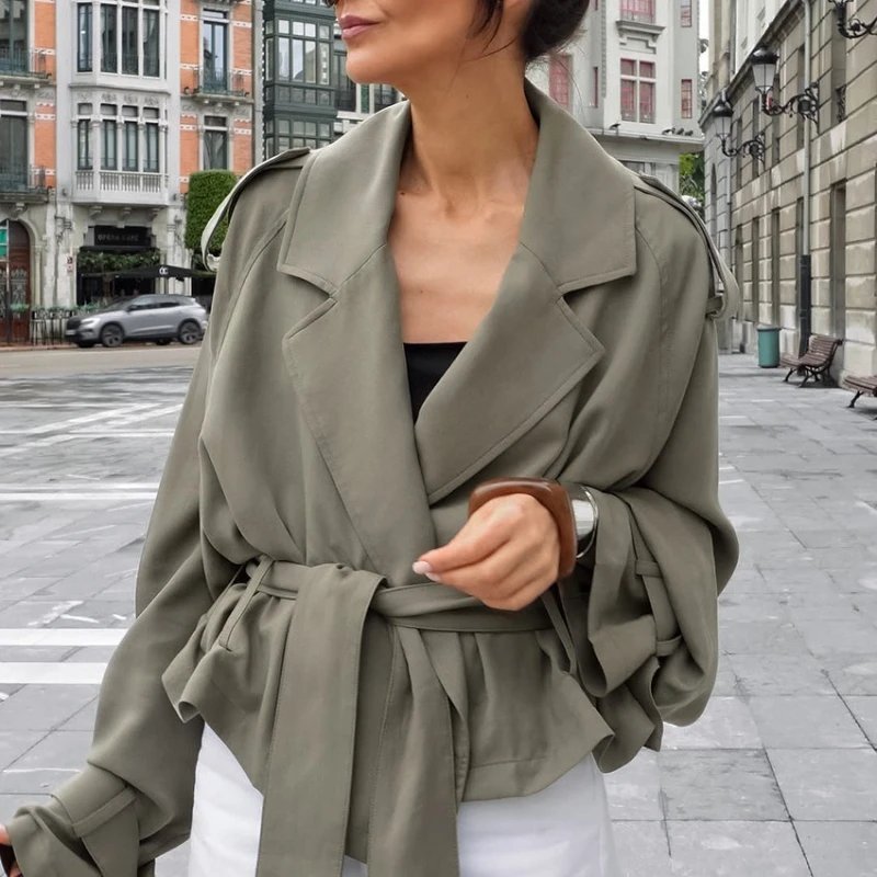 TARUXY Lace Up Pocket Trench Coat Women's Chic Solid Lapel Full Long Sleeves Windbreaker Jacket Autumn Lady New Street Outerwear