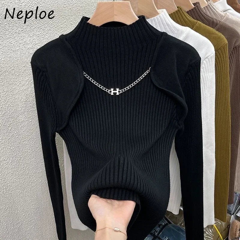 Neploe 2024 Autumn New Half-high Collar Chains Sweaters Mujer Slim Fit Bottoming Tops Women Y2k Long Sleeve Knitted Pullover