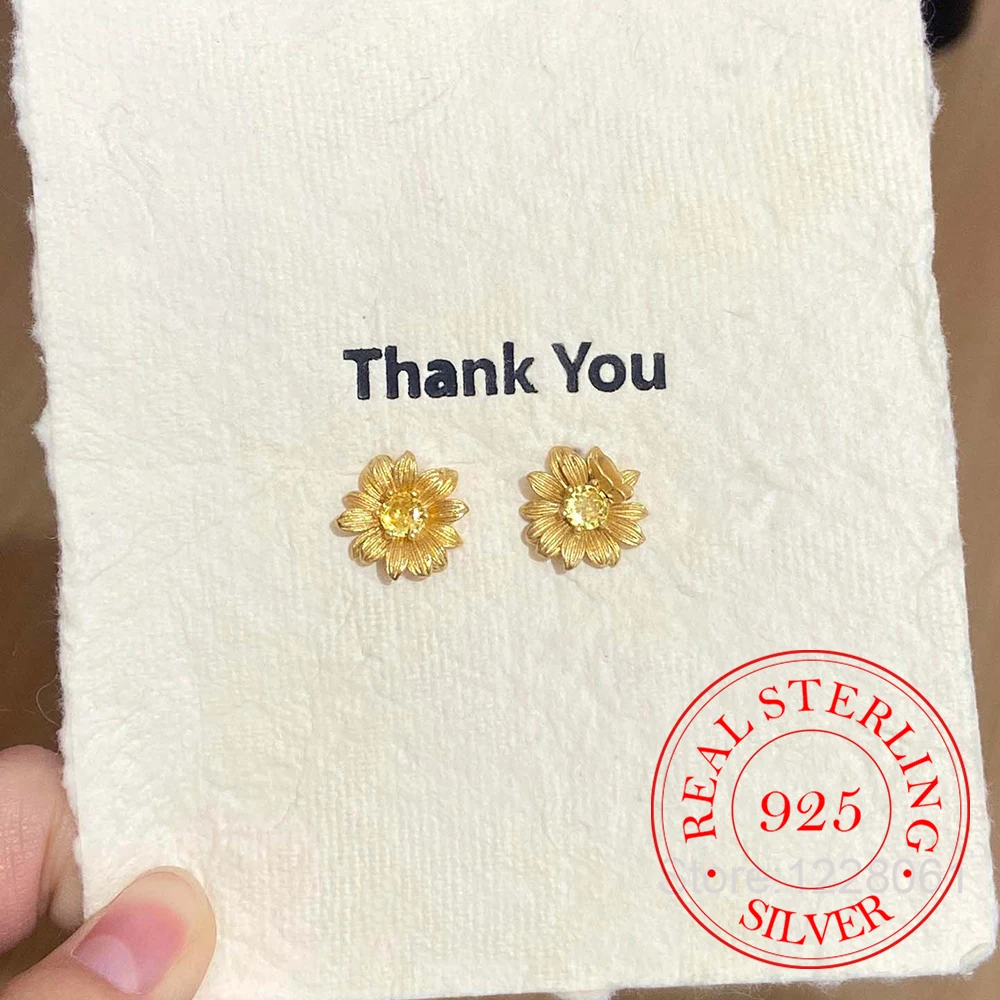 925 Sterling Silver Jewelry Golden Yellow Crystal Sunflower Stud Earrings for Women Wedding Party Jewelry For Girls Friends Gift