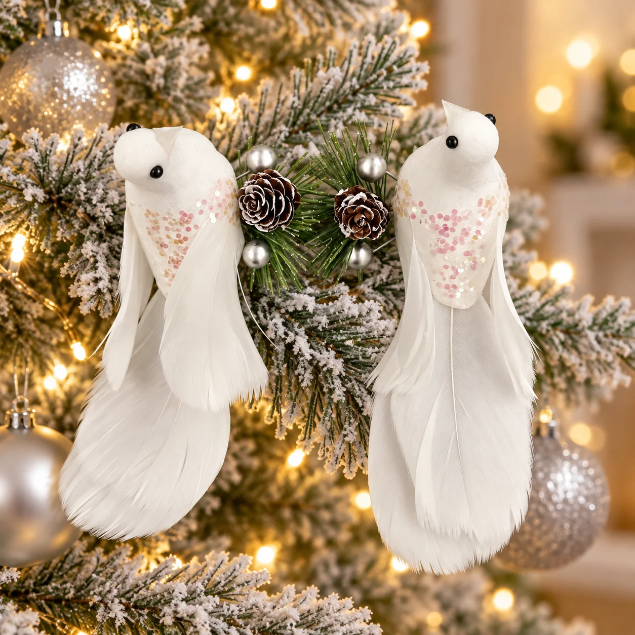4PCS White Feather Bird Ornaments with Pinecones and Silver Berries, Christmas Tree Decorations, Winter Holiday Home Decor