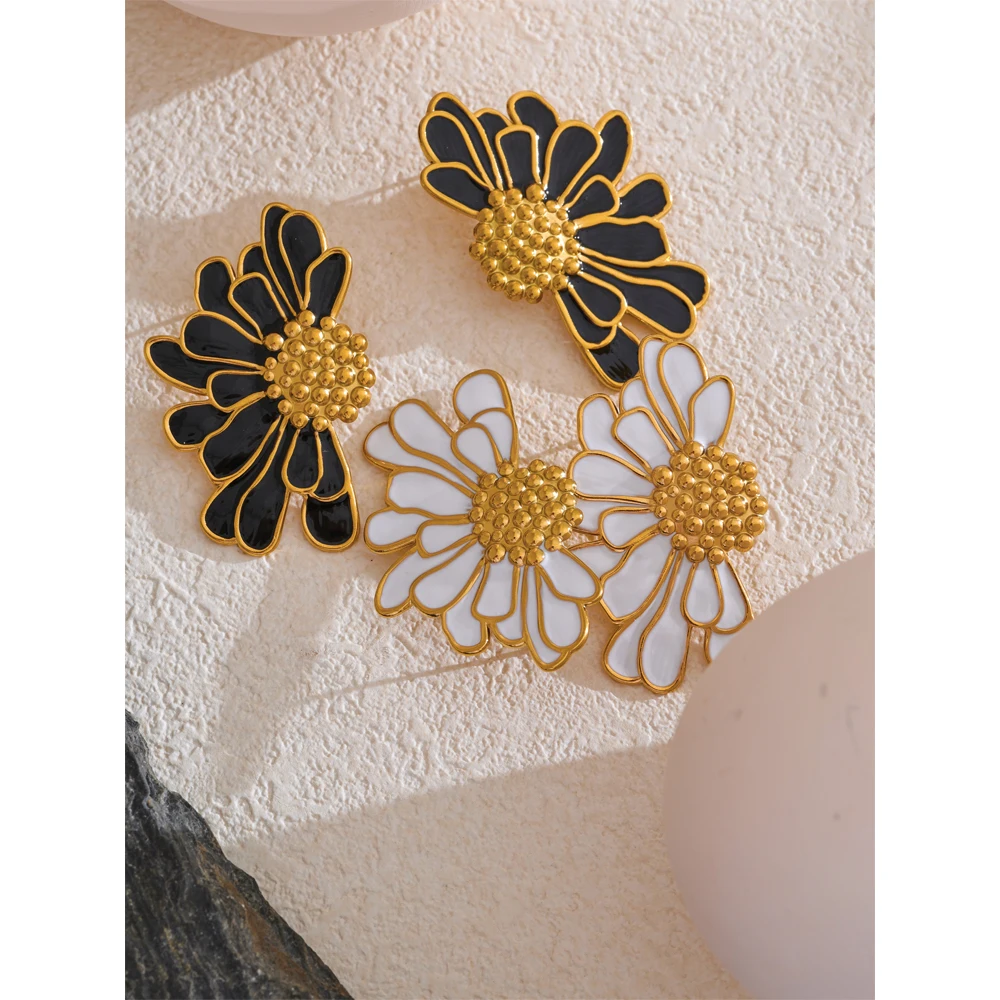 Yhpup Big White Black Enamel Flower Statement Fashion Stud Earrings 18K Gold Color PVD Plated Stainless Steel Jewelry Gift